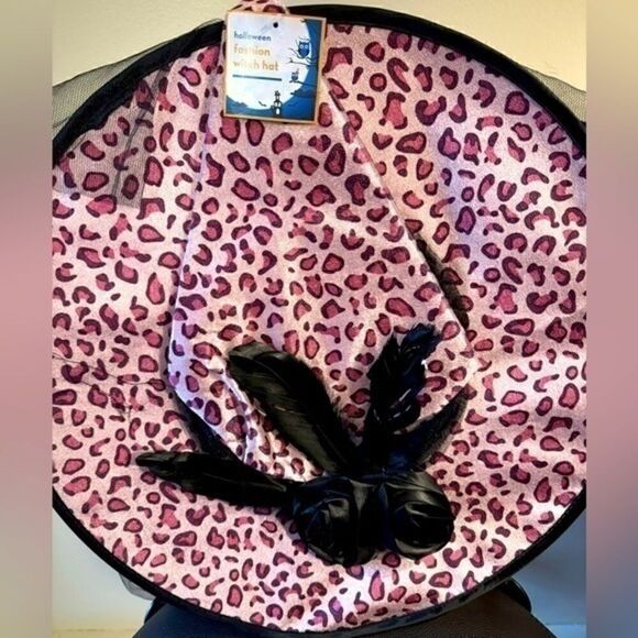 PINK LEOPARD Print Witch Hat with Veil - Halloween Accessory - NWT - Picture 1 of 4